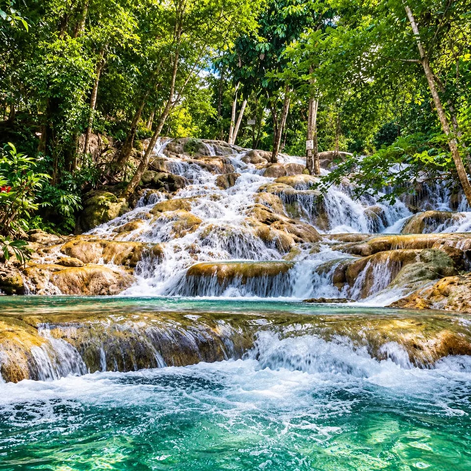 Cachoeira em terraços de pedra cercada de mata tropical em Dunn's River Falls